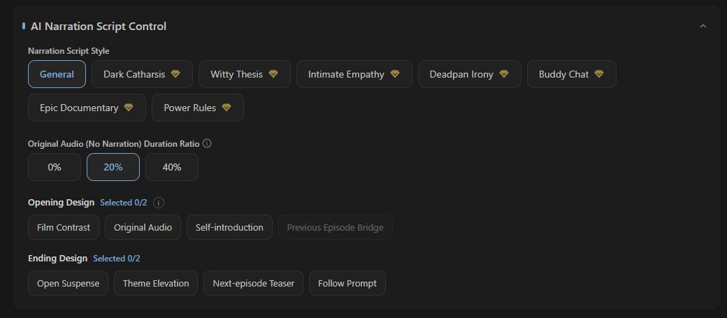 Script controls in the Video Recap workspace
